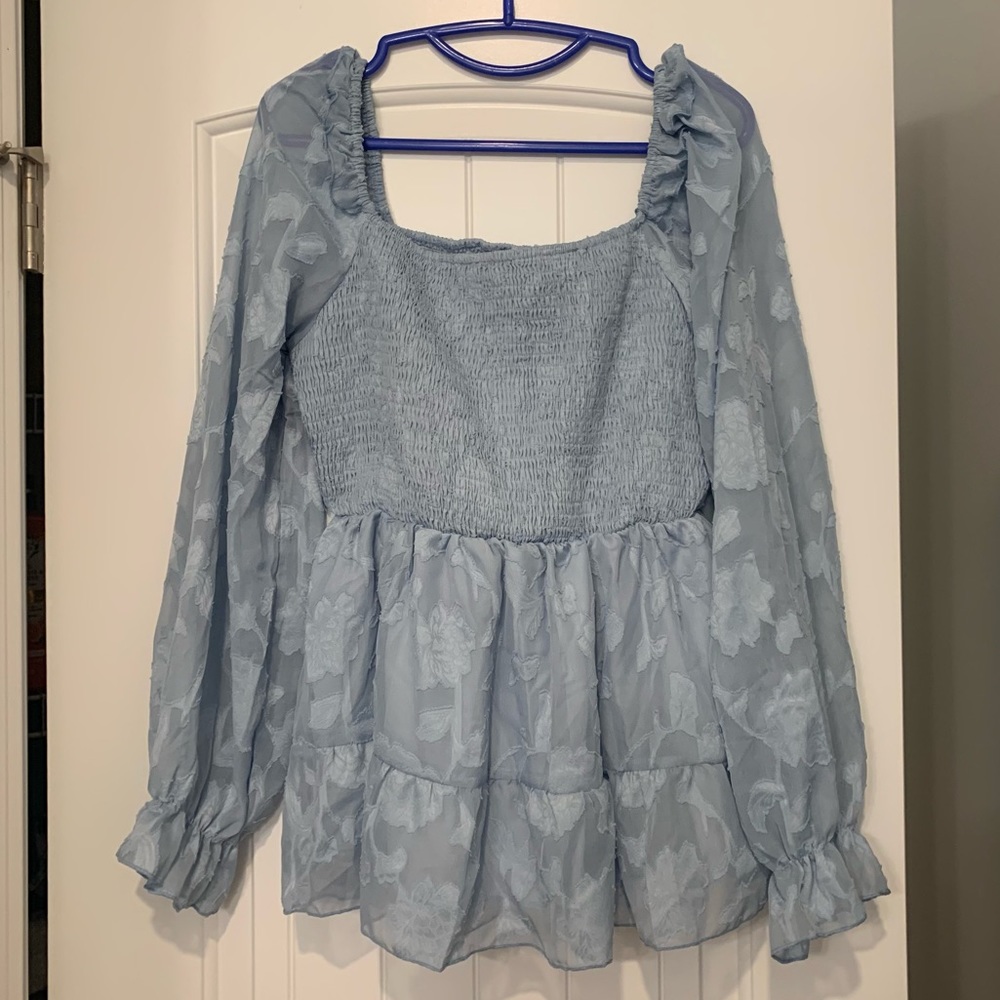 Light Blue Jacquard Square Neck Flounce Sleeve Peplum Blouse XL